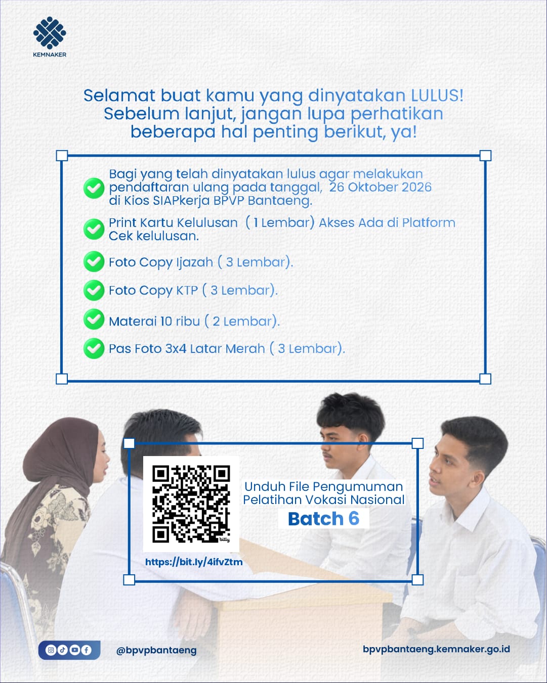 Pengumuman Kelulusan Seleksi Pelatihan Vokasi Nasional Batch 6 BPVP Bantaeng